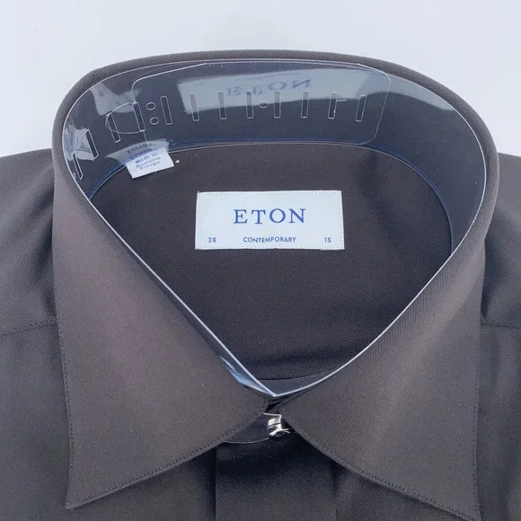 Eton Dress Shirt Men's 15-38 Black Fine Twill Stretch Contemporary Fit Button Up